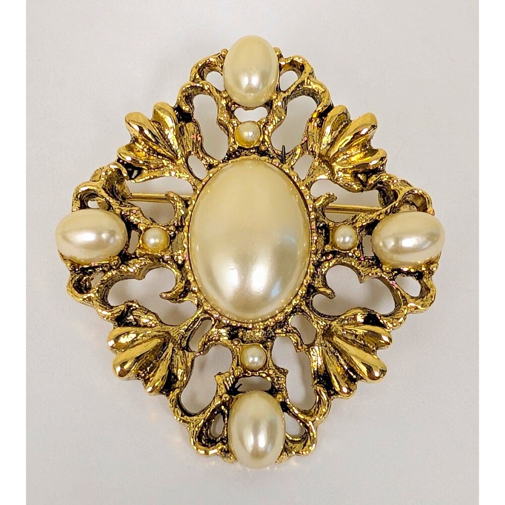Gold Tone Filigree Faux Pearl Brooch Pin 1.7 in